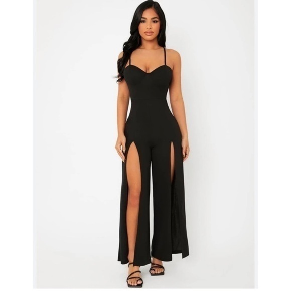 bebe Pants - Bebe  SEXY BLACK SPLIT HEM CAMI JUMPSUIT (Long Slit)